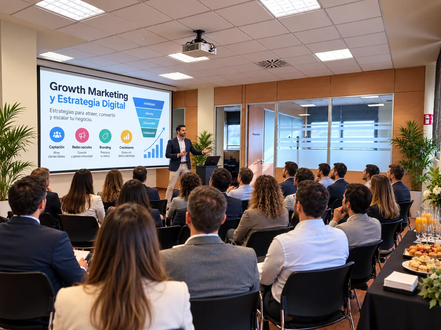 Presentación empresarial y formación en una sala de eventos corporativos